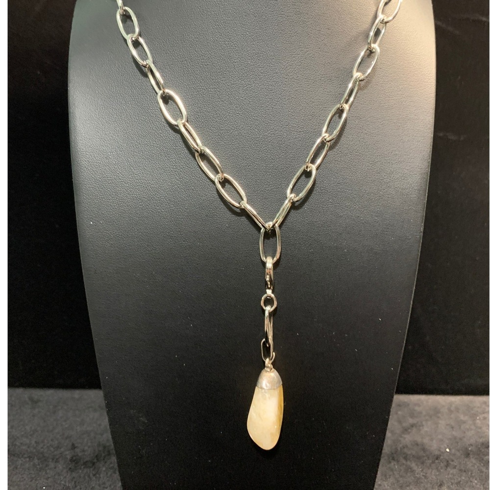 Twisted Silver Chunky Link Necklace with Raw Citrine Stone Pendant Toggle 18"